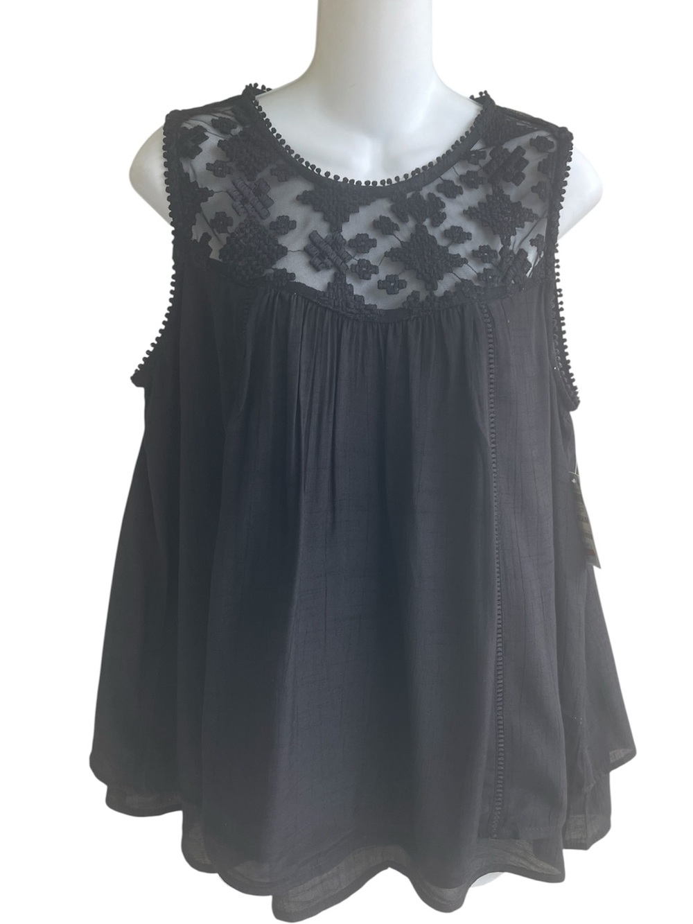 Style & Co Bohemian Black Flowy Sleeveless Blouse Top Lace Yoke Woman's Med NWT